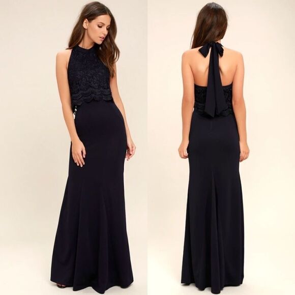 Lulus Sociable Navy Blue Lace Halter Maxi Long Dress Size XS High Neck Formal - Picture 11 of 11